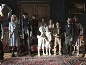 DF-12584 - The residents of MISS PEREGRINE’S HOME FOR PECULIAR CHILDREN ready themselves for an epic battle against powerful and dark forces. Left to right: Enoch (Finlay Macmillan), Emma (Ella Purnell), Jake (Asa Butterfield), Hugh (Milo Parker), Bronwyn (Pixie Davies), the twins (Thomas and Joseph Odwell), Claire (Raffiella Chapman), Fiona (Georgia Pemberton), Horace (Hayden Keeler-Stone), Olive (Lauren McCrostie), and Millard (Cameron King). Photo Credit: Jay Maidment.