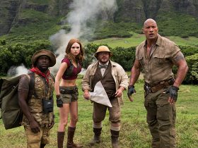 (l to r) Kevin Hart (Franklin "Moose" Finbar),  Karen Gillan (Ruby Roundhouse) Jack Black (Professor Shelly Oberon) and  Dwayne Johnson (Dr. Smolder Bravestone) star in JUMANJI: WELCOME TO THE JUNGLE.