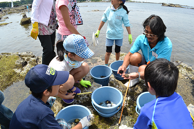 2013年7月20日（土）、公募によって集められた小学生の子供たち20名が参加したミキモトの「真珠の学校」が開校！磯での生物採集や海、真珠についてのレクチャー、そして真珠を育むアコヤ貝への「核入れ」を体験！子供たちからはたくさんの笑顔と真剣な顔が見られました！