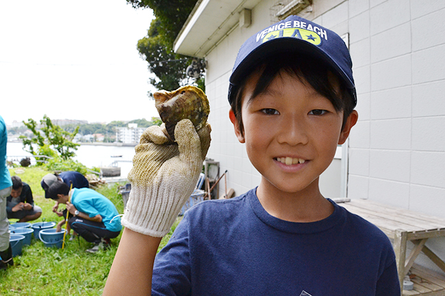 2013年7月20日（土）、公募によって集められた小学生の子供たち20名が参加したミキモトの「真珠の学校」が開校！磯での生物採集や海、真珠についてのレクチャー、そして真珠を育むアコヤ貝への「核入れ」を体験！子供たちからはたくさんの笑顔と真剣な顔が見られました！