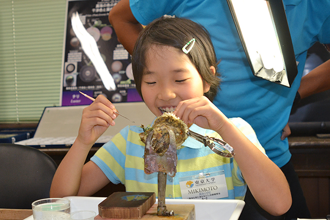 2013年7月20日（土）、公募によって集められた小学生の子供たち20名が参加したミキモトの「真珠の学校」が開校！磯での生物採集や海、真珠についてのレクチャー、そして真珠を育むアコヤ貝への「核入れ」を体験！子供たちからはたくさんの笑顔と真剣な顔が見られました！