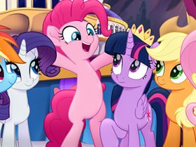 From L to R: RAINBOW DASH (Asleigh Ball), RARITY (Tabitha St. Germain), PINKIE PIE (Andrea Libman), TWILIGHT SPARKLE (Tara Strong), APPLEJACK (Ashleigh Ball) and FLUTTERSHY (Andrea Libman) in MY LITTLE PONY: THE MOVIE.