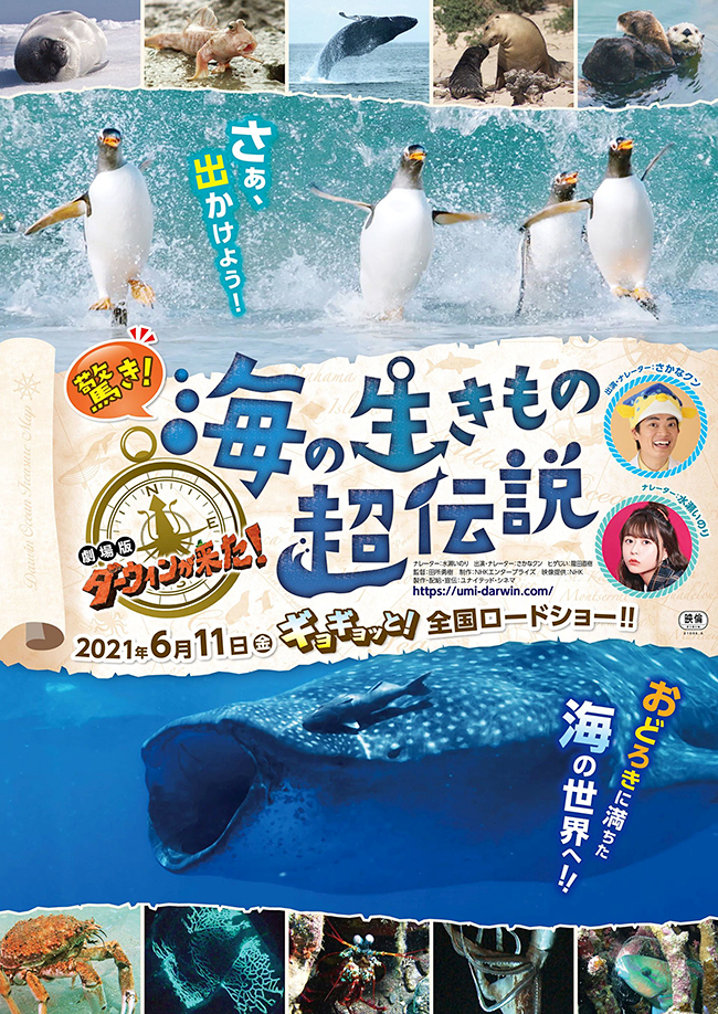 NHKの人気自然番組『ダーウィンが来た！』映画化最新作「驚き！海の生きもの超伝説　劇場版 ダーウィンが来た！」が、2021年6月11日（金）よりユナイテッド・シネマほか全国ロードショー！海の不思議を謎解く冒険に出発！ナレーターは水瀬いのり、さかなクン。