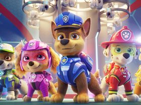 L-R: Zuma (voiced by Shayle Simons), Rocky (voiced by Callum Shoniker), Skye (voiced by Lilly Bartlam), Chase (voiced by Iain Armitage), Marshall (voiced by Kingsley Marshall), and Rubble (voiced by Keegan Hedley) in PAW PATROL: THE MOVIE from Paramount Pictures. Photo Credit: Courtesy of Spin Master.