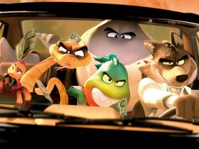 (from left) Ms. Tarantula (Awkwafina), Mr. Snake (Marc Maron), Mr. Shark (Craig Robinson), Mr. Piranha (Anthony Ramos) and Mr. Wolf (Sam Rockwell) in DreamWorks Animation’s The Bad Guys, directed by Pierre Perifel.