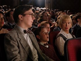 (from left) Burt Fabelman (Paul Dano), younger Sammy Fabelman (Mateo Zoryan Francis-DeFord) and Mitzi Fabelman (Michelle Williams) in The Fabelmans, co-written and directed by Steven Spielberg.