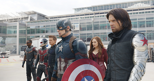 Marvel's Captain America: Civil War L to R: Falcon/Sam Wilson (Anthony Mackie), Ant-Man/Scott Lang (Paul Rudd), Hawkeye/Clint Barton (Jeremy Renner), Captain America/Steve Rogers (Chris Evans), Scarlet Witch/Wanda Maximoff (Elizabeth Olsen) and Winter Soldier/Bucky Barnes (Sebastian Stan) Photo Credit: Film Frame © Marvel 2016